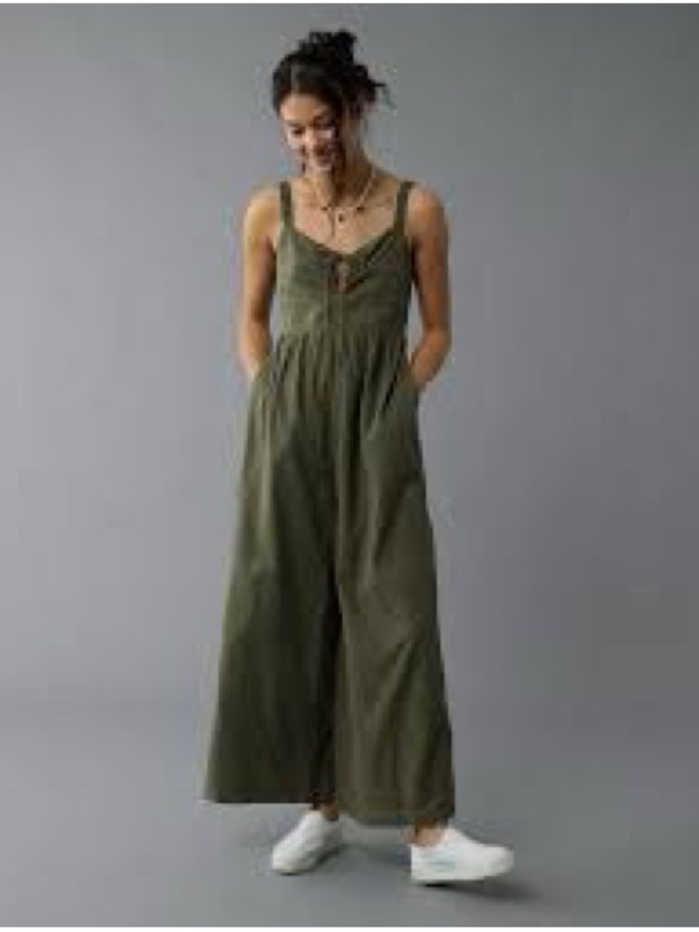 American Eagle Outfitters Olive Smocked-Strap Jumpsuit